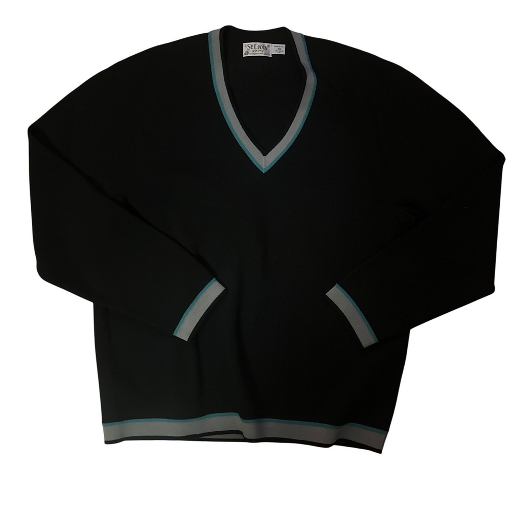 St. Croix Knits Mens XL V-Neck Sweater Black 100% Zephyr Wool Made in USA Trim